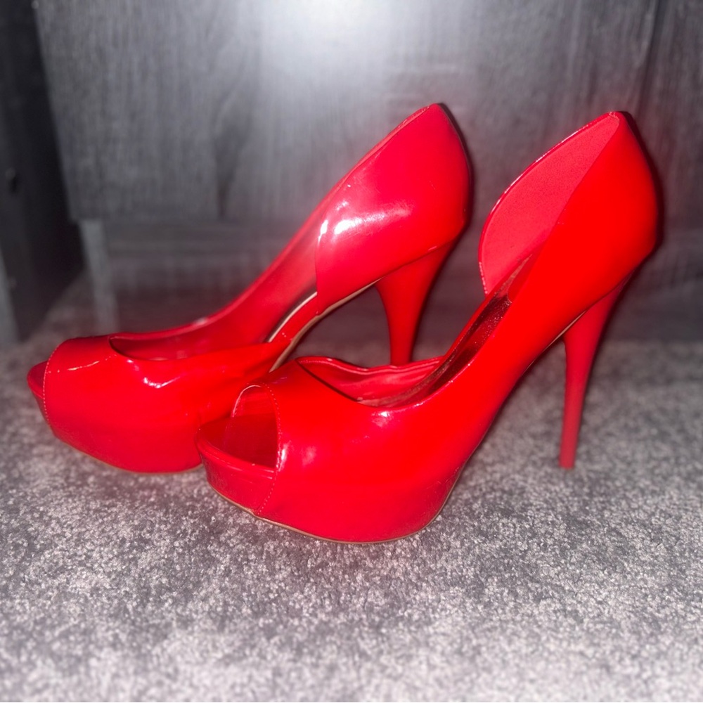 JustFab Vibrant Red Peep-Toe Heels (Worn once)